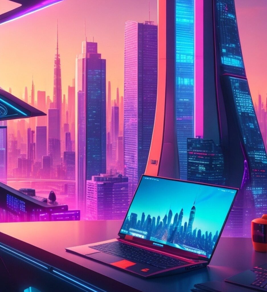 laptop on desk with a pink and purple city view